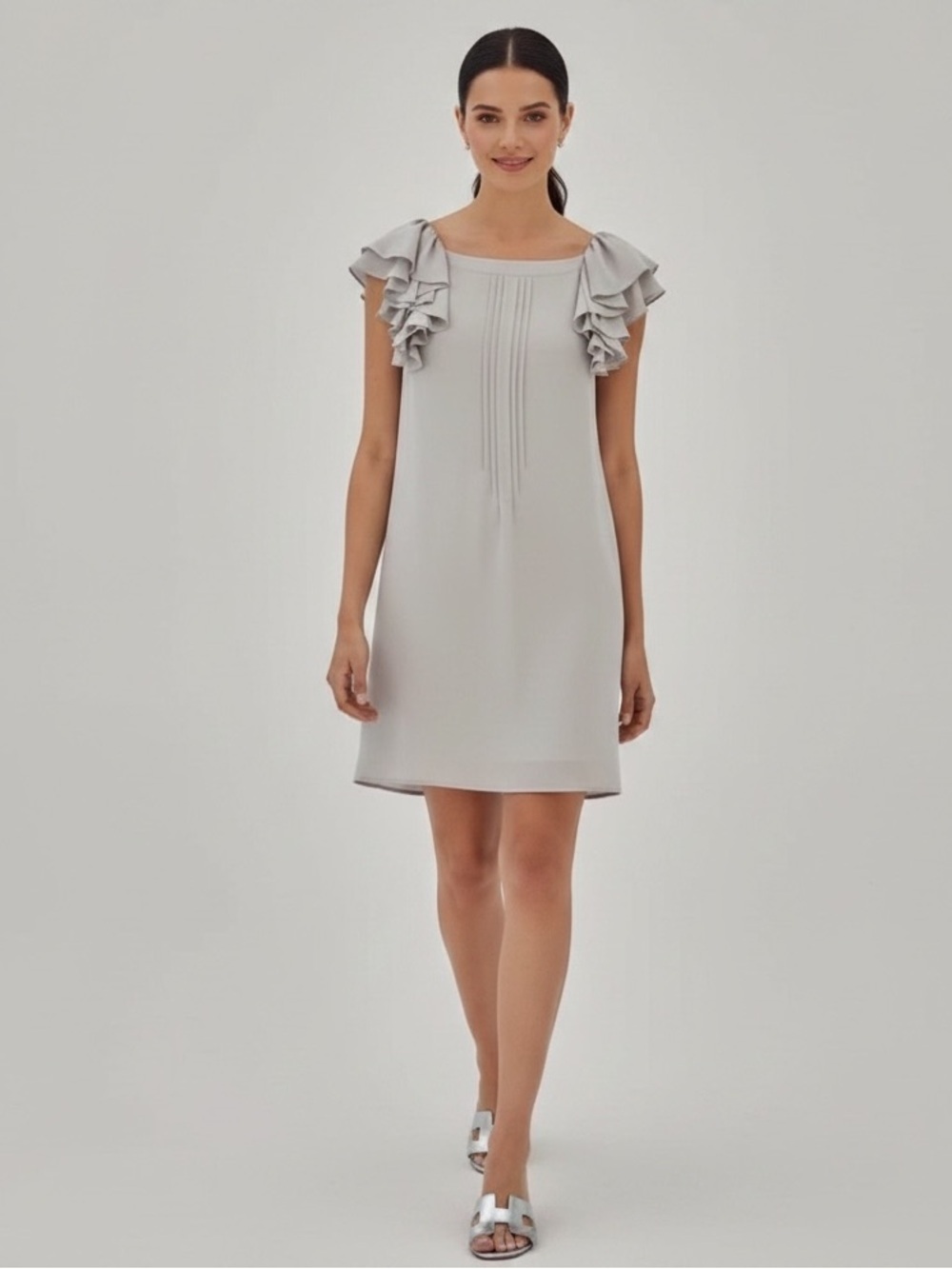 Floreat Anthropologie Gray Silver Silk Ruffle Sleeve Shift Dress Sz 4 Pintuck.